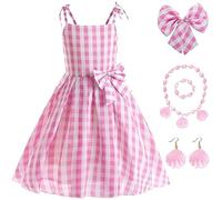 TRACYCY Disfraz de Margot Muñeca Niña Cosplay Film Doll 1950s Vintage Ropa de Playa Vestido de Cuadros y Pendientes Collares Pulseras para Niños Fancy Dress Halloween Navidad Carnaval Costume Rosa