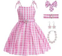 TRACYCY Margot Muñeca Disfraz Niña Cosplay Film Doll 1950s Vintage Vestido Rosa de Cuadros y Cinturones Tocados Pendientes Collares para Niños Fancy Dress Halloween Navidad Carnaval Costume 2-13 años