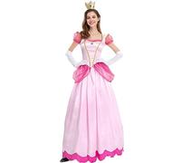 TRACYCY Peach Disfraz Mujer Princesa Peach Largo Vestido de Noche con Corona y Guantes para Adulto Cosplay Sleeping Beauty Princesa Aurora Halloween Carnaval Navidad Cumpleaños Fiesta Costume Rosa