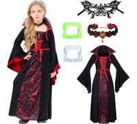 TRACYCY Vampiro Disfraz Niñas Cosplay Vampiro Reina Malvada Bruja Traje Medieval Gótico Vintage Largo Vestido con Collar y Dentadura Halloween Carnaval Cumpleaños Fiesta Costume para Niños Regalo