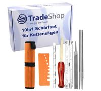 Trade-Shop Juego de afilado 10 en 1 para afilar sierras de cadena/limas redondas, medidor de profundidad, mango de madera, limpiador de ranuras, guía de limas, comprobador rápido, bolsa de transporte