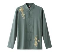 Tradicional Chino Kung Fu Ropa Tai Chi Uniforme Regular Fit Button Abajo Fisherman Camisa de manga larga Camisa Casual Cómodo Tops Ropa de Entrenamiento Camisa para Hombres, O Verde, XL
