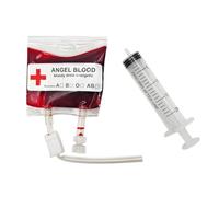 Tradineur - Bolsa de sangre falsa y jeringuilla, plástico, complemento para disfraz vampiro, decoración, Halloween, carnaval, fiestas temáticas, terror - 75 ml