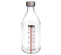 Tradineur - Botella medidora de vidrio con tapón de acero, línea de medida y cierre de rosca, agua, leche, batidos, zumos, licuados de verduras, salsas, frigorífico - 1 litro
