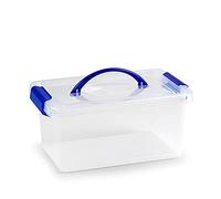Tradineur - Caja de plástico con tapa de color azul y asa, de 28 x 18 x 13 cm,con capacidad para 4 litros. Baúl con tapa para organización del hogar. Arcón de plástico para distintos usos.