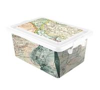 Tradineur - Caja de plástico con tapa y cierres laterales de clip, cajón de almacenaje multiusos, ordenación, objetos, hogar, fabricada en España (Mapa Mundi, 7,5 litros, 32,5 x 23 x 15 cm)
