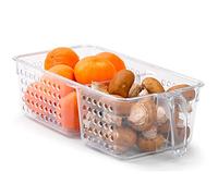 Tradineur - Cajón organizador para frigorífico reutilizable, 2 compartimentos, recipiente de plástico transparente con agujeros y asa, almacenar fruta, verdura, fabricado en España, 8,8 x 15,3 x 30 cm