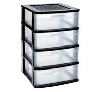 Tradineur - Cajonera almacenaje Sena, 4 cajones transparentes, plástico, torre de ordenación multiusos, hogar, 65 x 40 x 39 cm, negro