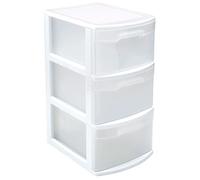 Tradineur - Cajonera támesis de plástico blanco, 3 cajones transparentes, 58,5 x 28,5 x 39 cm, torre de almacenaje y organización multiusos, oficina, hogar