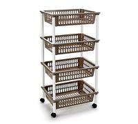 Tradineur - Carro verdulero marrón topo modelo PLFT con ruedas 4 cestas 85 x 40 x 30 cm Carrito portaobjetos estantes multiusos para organizar los espacios domésticos