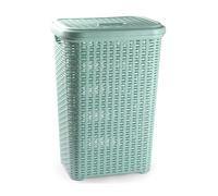Tradineur - Cesto para Ropa Sucia con Asas y Tapa, pongotodo Rattan de plástico, Cubo para Colada, imitación Mimbre, Fabricado en España (Verde - 60 L)