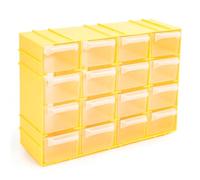 Tradineur - Clasificador apilable Modular HG, plástico, 16 Compartimentos, Almacenamiento de Herramientas, Tornillos y Accesorios, Fabricado en España (Amarillo - 15 x 22 x 8 cm)