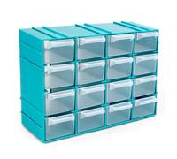 Tradineur - Clasificador apilable modular HG, plástico, 16 compartimentos, almacenamiento de herramientas, tornillos y accesorios, fabricado en España (Azul - 15 x 22 x 8 cm)