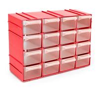 Tradineur - Clasificador apilable modular HG, plástico, 16 compartimentos, almacenamiento de herramientas, tornillos y accesorios, fabricado en España (Rojo - 15 x 22 x 8 cm)