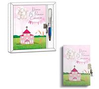 Tradineur - Diario de Primera Comunión + bolígrafo con linterna, tapa dura, incluye candado, 90 páginas decoradas, regalo original (Niña, Iglesia, 18,5 x 13,8 cm)