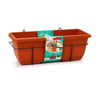 Tradineur - Jardinera para balcón con Plato Integrado y Soporte metálico - Fabricado en plástico - PLFT - Capacidad de 10 litros - 17 x 50 x 19,5 cm - Color Marrón