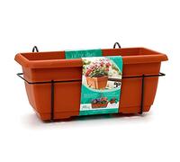 Tradineur - Jardinera para balcón con Plato Integrado y Soporte metálico - Fabricado en plástico - PLFT - Capacidad de 8 litros - 17 x 40 x 19,5 cm - Color Marrón