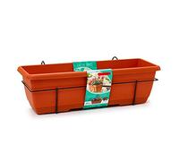 Tradineur - Jardinera para balcón con Plato Integrado y Soporte metálico - PLFT - Fabricado en plástico - Capacidad de 12 litros - 17 x 60 x 19,5 cm - Color Marrón
