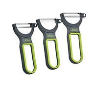 Tradineur - Juego de 3 peladores de verduras de acero inoxidable 13 cm con 3 cuchillas para tomate, juliana y fruta, estructura de plástico resistente, sujección cómoda, utensilios de cocina
