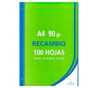 Tradineur - Pack de 100 hojas lisas en blanco A4 perforadas, recambio para archivador, 4 taladros, papel 90 g, material escolar, oficina