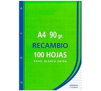 Tradineur - Pack de 100 hojas rayadas A4 perforadas con margen, recambio hojas sueltas para archivador, 4 taladros, papel 90 g, material escolar, oficina, modelo aleatorio