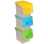 Tradineur - Pack de 3 contenedores apilables, polipropileno, cubos de basura, almacenamiento de residuos, fácil apertura, reciclaje (Papel, plástico y vidrio, 27 litros, 31,5 x 29,5 cm x 39,5 cm)