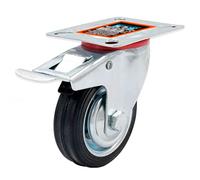 Tradineur - Rueda giratoria con freno para muebles, goma y hierro, incluye placa de montaje, rueda de transporte para cargas pesadas, industrial, peso máx. 50 kg, Ø 75 mm