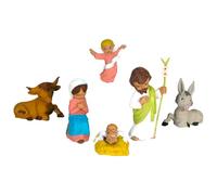Tradineur - Set de 6 Figuras de Nacimiento: Burro, Vaca, Ángel, María, Jose y el Niño Jesús para Belén - Estilo Naïf - Marmolina - Adorno Divertido para Nacimiento, Navidad, decoración Tradicional