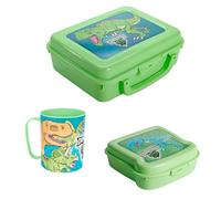 Tradineur - Set de fiambrera con asa, sandwichera y taza de 400 ml, plástico, niños, apto para uso alimentario, material escolar, infantil (Dinosaurio - 3 piezas)