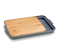 Tradineur - Tabla de cortar de bambú con bandeja inferior de 2 compartimentos, duradera y resistente, natural, ecológico, fácil de limpiar, cocina, 37,5 x 24 x 3,5 cm, color aleatorio
