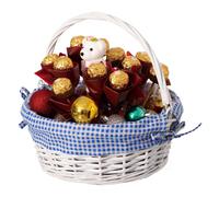Traditional White Round Willow Gift Basket with Blue and White Gingham Liner and Sturdy Foldable Handles Food Snacks Storage Ba