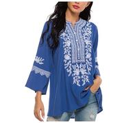 Traditionelle mexikanische bestickte Oberteile für Frauen in übergröße, Tunika-Shirts mit Blumenstickereien, Azul, M