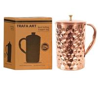 TRAFAART Jarra De Cobre Puro Hecha A Mano Con Tapa 1500 Ml (50,7 Onzas Líquidas) Jarra Tradicional Con Corte De Diamante Para Beber.
