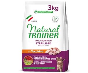 Trainer Alimento natural esterilizado para gatos adultos, alimento seco con fibra de pavo y guisante, 3 kg