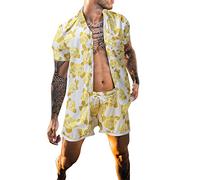 Traje 40r de verano para hombre, conjunto de moda de ocio, traje estampado con botones, camisa de playa, corto, casual, holgado, vestido ajustado, amarillo, M