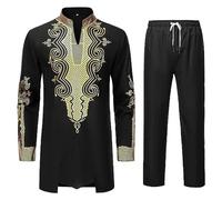 Traje africano de 2 piezas Dashiki para hombre, camisa de manga larga con diseño estampado dorado y conjunto de pantalones, ropa étnica tradicional para uso casual, festival, fiesta de vacaciones
