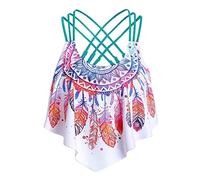 Traje BañO Mujer BañAdor Push up con Relleno Cruzado con Volantes superpuestos para Mujer Top de baño Acolchado Tiras y Estampado de Plumas Ropa Bikinis 2026 BrasileñO (Green, L)