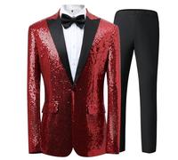Traje brillante para hombre con lentejuelas, esmoquin, 2 piezas, traje dorado, informal, estilo británico, abrigo para fiesta, graduación, chaqueta ajustada, pantalones y chaleco, rojo, L