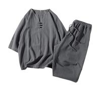 Traje casual para hombre de color sólido tradicional chino de artes marciales uniformes camiseta y pantalones cortos de 2 piezas transpirable chándal holgado cómodo verano traje vintage casual chándal