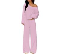 Traje casual para mujer, camisas de manga larga, tops de hombro holgado, conjunto de pantalones de pierna ancha, tela suave, ropa de salón, conjuntos de dos piezas, Rosa., M