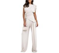 Traje casual plisado sin mangas con cuello redondo para mujer, sin mangas, cuello redondo, pierna ancha, traje de 2 piezas, albaricoque, S