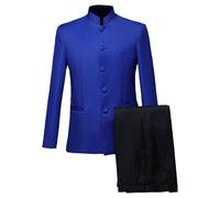 Traje chino ajustado de 2 piezas para hombre, conjunto de pantalones tipo túnica, para boda y baile de graduación, azul, L