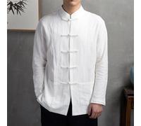 Traje chino tradicional Tang para hombre, chaqueta de Kung Fu Tai Chi, cuello alto, manga larga, lino y algodón, abrigo con botones para primavera, otoño, uso diario, negro (4XL blanco)