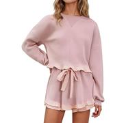Traje corto de moda para mujer, mangas fruncidas, conjunto de manga larga para ocasiones informales, perfecto para otoño e invierno, ropa de día cómoda para mujeres modernas y familias, rojo, L