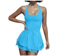 Traje corto Mujer 2026 para Tenis Vestido Atlético con Pantalones Cortos Integrados para Deporte Espalda Cruzada Yoga Traje Casual, azul celeste, XL