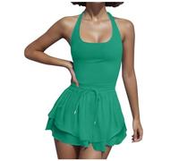 Traje corto Mujer 2026 para Tenis Vestido Atlético con Pantalones Cortos Integrados para Deporte Espalda Cruzada Yoga Traje Casual, verde, XXL