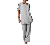Traje de 2 piezas de gasa en capas para mujer, talla grande, para madre de la novia, vestido de noche, 20, gris plateado, plateado