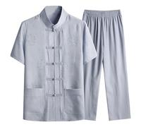 Traje de 2 piezas para hombre, artes marciales tradicionales chinas Kung Fu Tai Chi Tang Traje de lino de algodón Camisa y pantalones ligeros transpirables de verano Traje de ocio Chándal, gris, 4XL