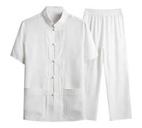 Traje de 2 piezas para hombre, artes marciales tradicionales chinas Kung Fu Tai Chi Tang Traje de lino de algodón Camisa y pantalones ligeros transpirables de verano Traje de ocio Chándal, Blanco, 3XL