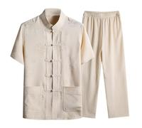 Traje de 2 piezas para hombre, artes marciales tradicionales chinas Kung Fu Tai Chi Tang Traje de lino de algodón Camisa y pantalones ligeros transpirables de verano Traje de ocio Chándal, beige, M